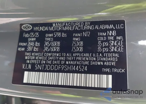 2025 Hyundai Santa Cruz Xrt z USA, uszkodzony, nr VIN 5NTJDDDF9SH144524